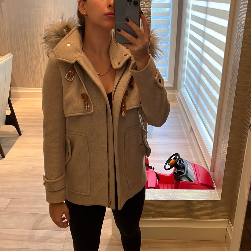 Wool jacket with brown leather toggles and fur hood great condition looks new